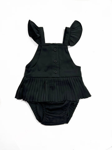Satin Pleated Ruffle Baby Romper - Black