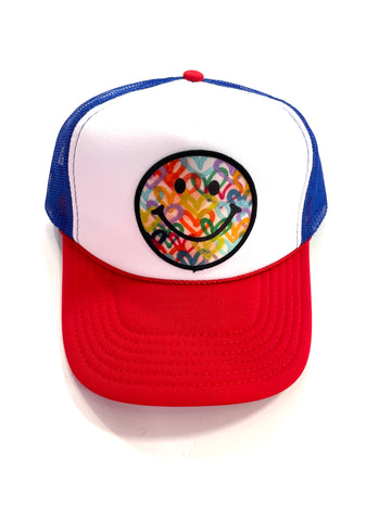 Red, White, and Royal Smiley Trucker Hat