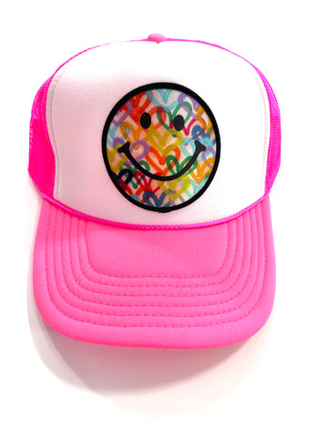 Neon Pink Smiley Trucker Hat