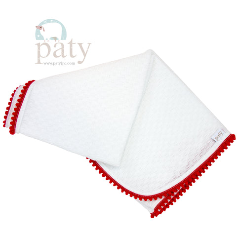 White Knit Receiving Blanket with Red Pom Trim