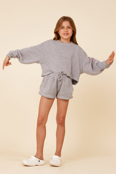 Heather Grey Crop Crewneck Sweatshirt w/ Smiley - Tween