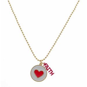 14” Pink Heart on White Disc with Pink “Faith”  Necklace