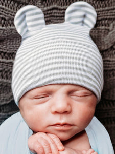 Nursery Hat - Gray and White Striped Bear Ears